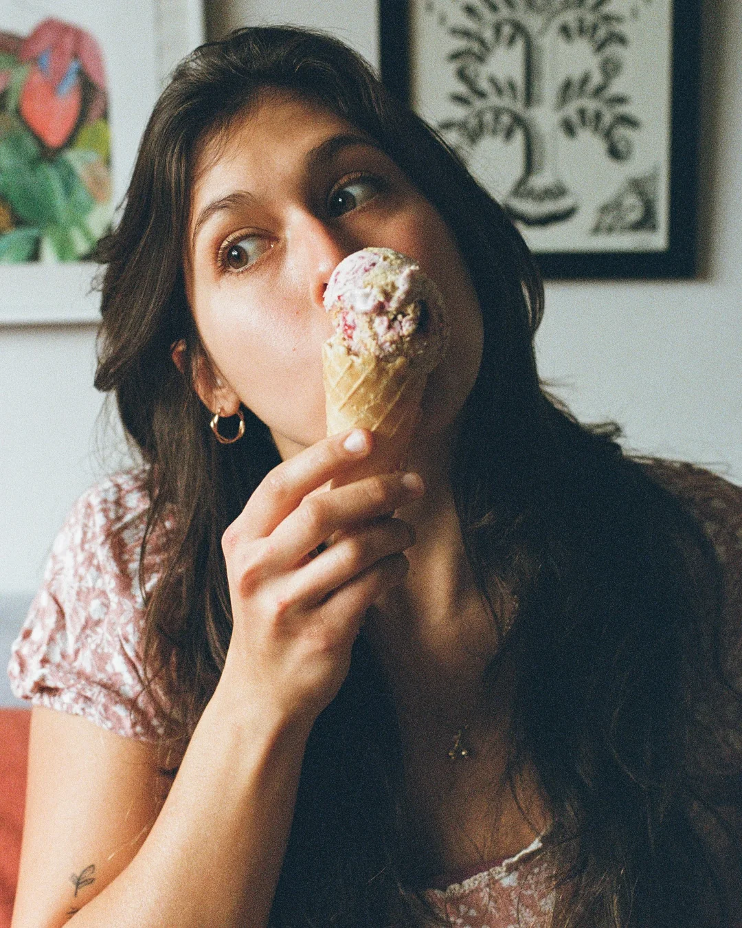 Mica com uma casquinha de sorvete de frutas vermelhas em um retrato na cozinha